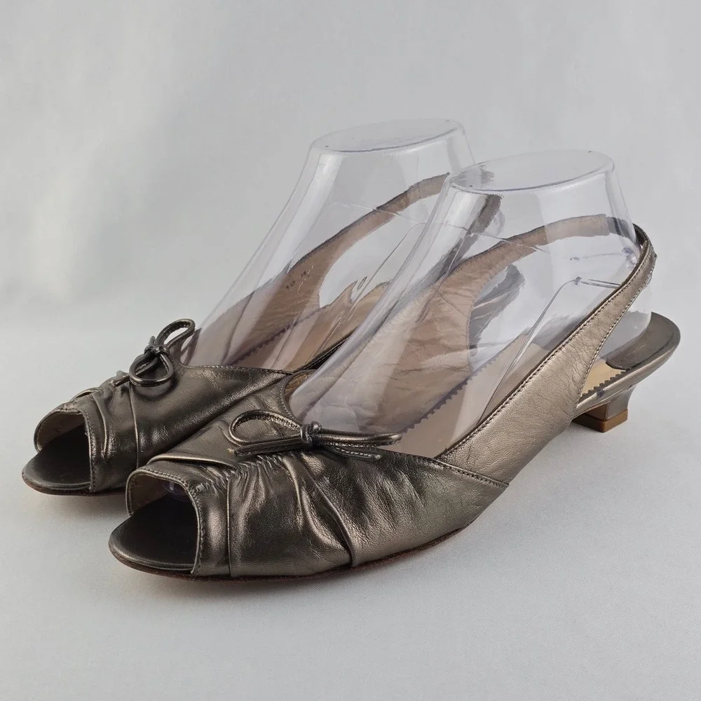 Amalfi Women's Metallic Leather Bow Peep Toe Slingback Kitten Heels Bronze 10 - Picture 3 of 16